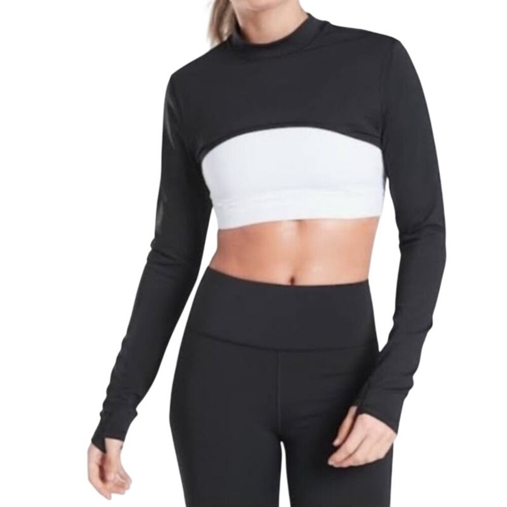 Athleta Eclipse Shrug Black Crop Mock Neck Long Sleeve Top Womens Small S